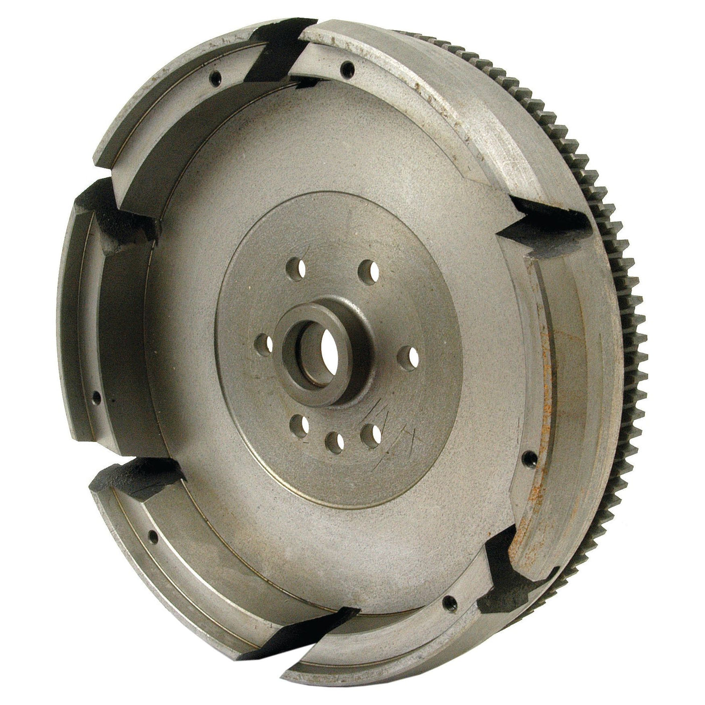 The Flywheel Assembly 12" (Sparex Part No. S.43714) is a metal flywheel with several holes and teeth around its edge, often used in mechanical systems like those in Perkins engines to store rotational energy. This product is manufactured by Sparex.