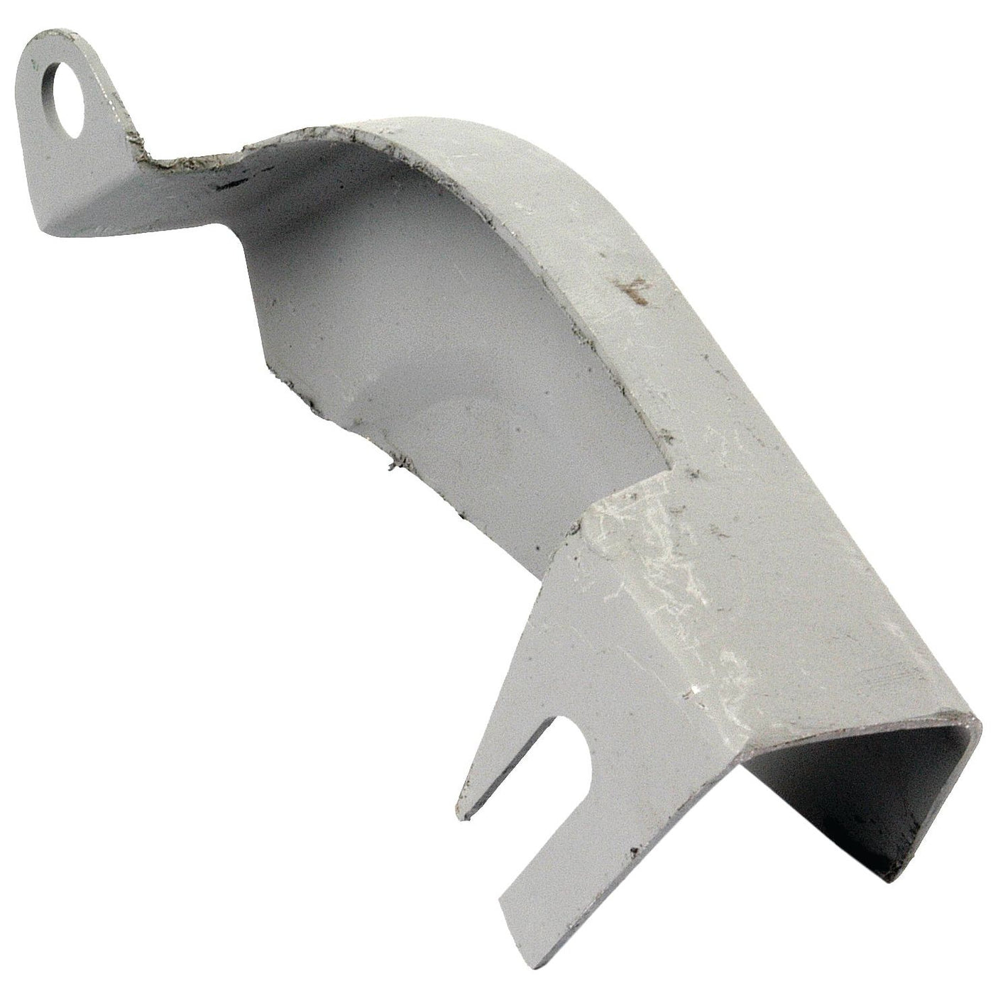 A white, L-shaped metal bracket with a curved base and mounting hole at the end of one arm, featuring some visible wear and rough edges—ideal for use as a Sparex Dynamo Guard (Sparex Part No. S.43725).