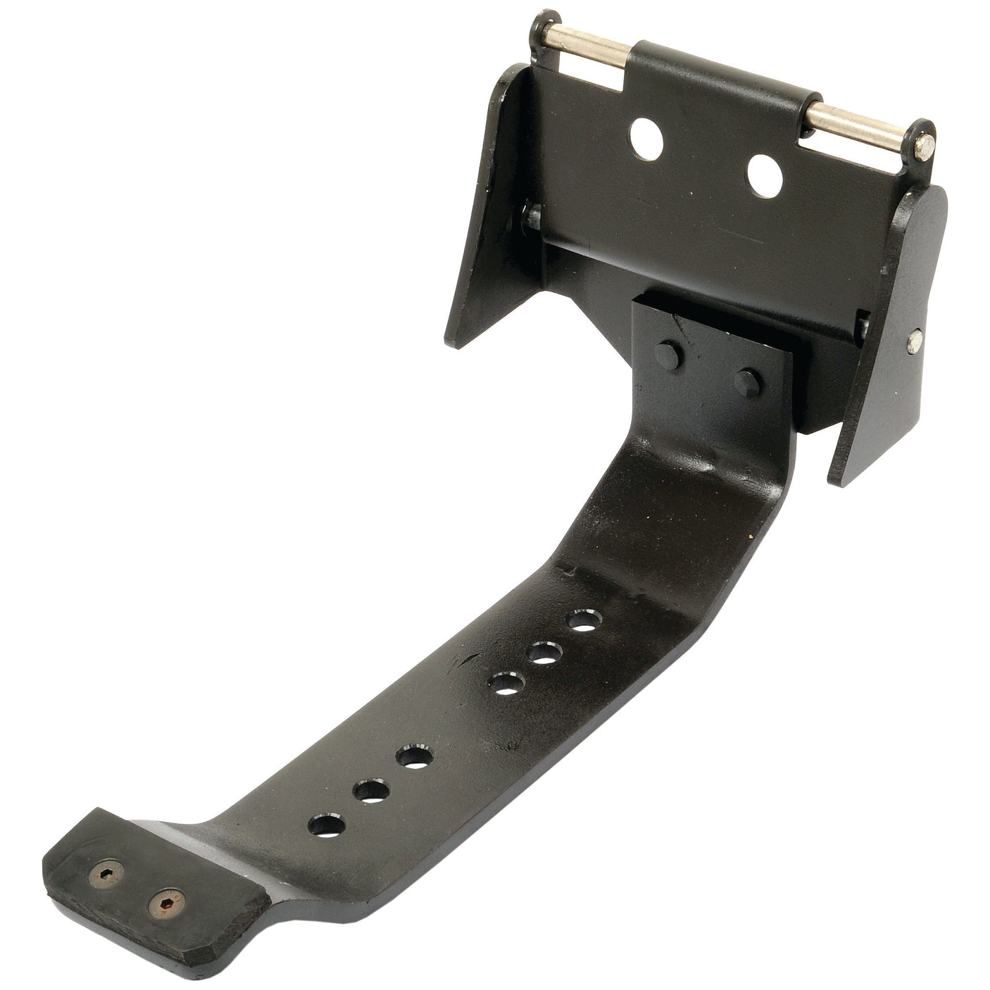 The Seat Bracket (Sparex Part No.S.43726) from Sparex is a black metal bracket featuring multiple holes and a hinge mechanism at one end, suitable for use in Massey Ferguson tractors.