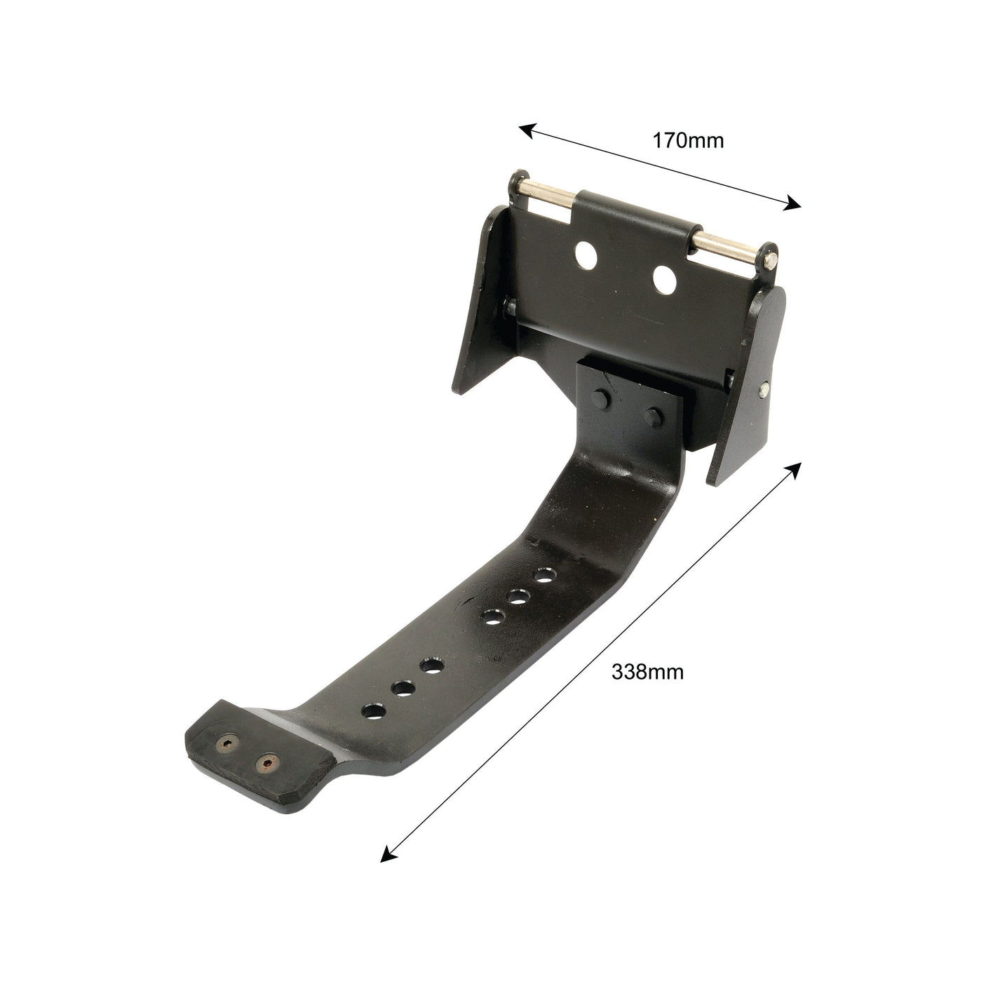 The Sparex Seat Bracket (Part No. S.43726) is a black metal component with dimensions of 170mm in width at the top and 338mm in length along the central arm, specifically designed for Massey Ferguson tractors.