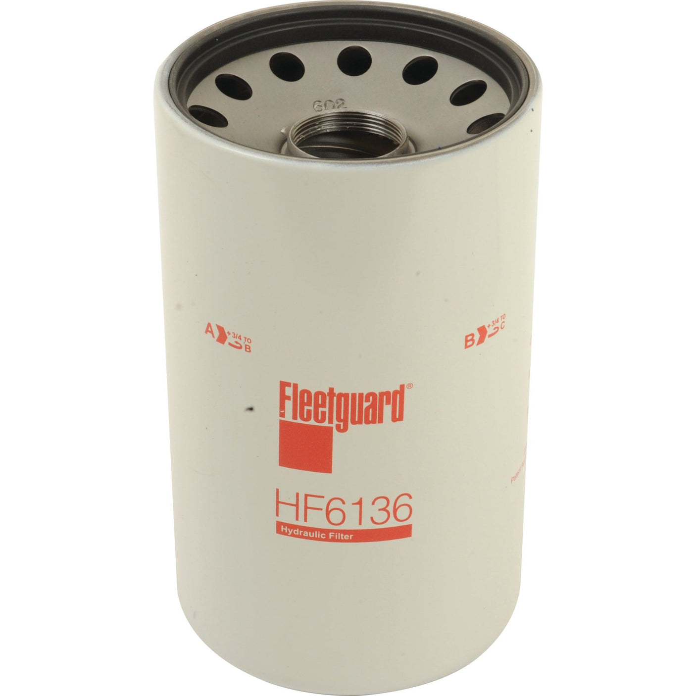 A Sparex Hydraulic Filter - Spin On (Sparex Part No. S.43729) featuring a white cylindrical body, red text, and multiple holes on top is perfect for enhancing your Massey Ferguson equipment's performance.