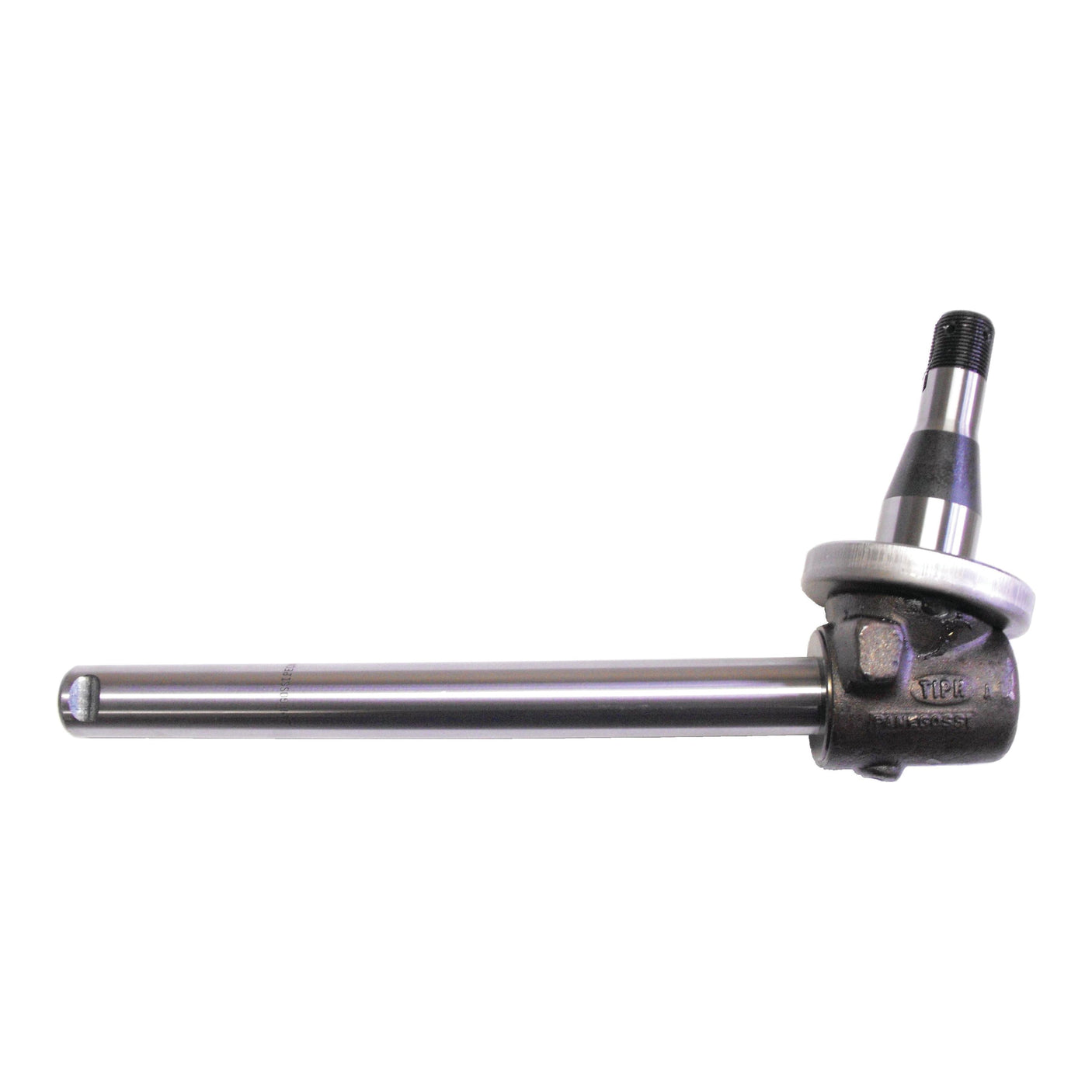 The Spindle LH - S.43738 from Sparex is a metal axle shaft with a polished surface and threaded tip, featuring a U-joint at one end and a 1 1/4” UNF left-hand thread.