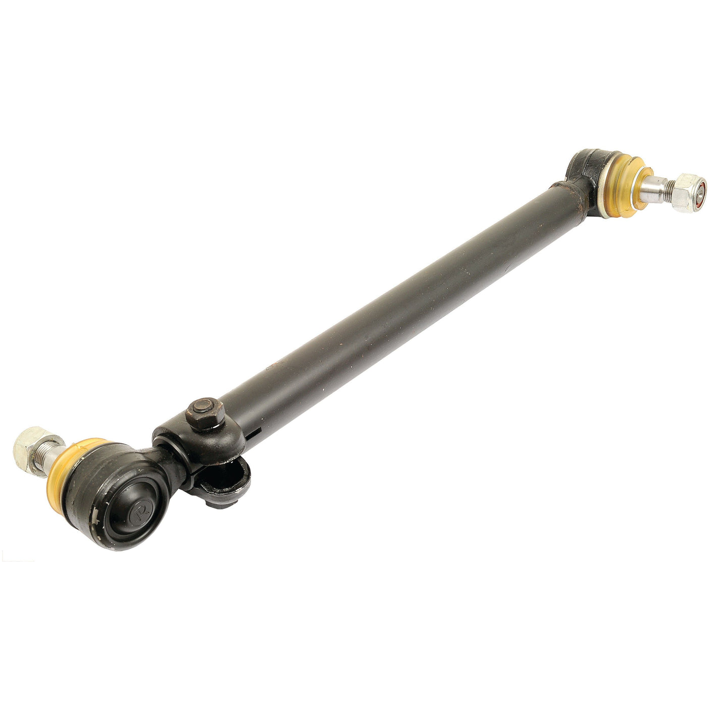 The Sparex Track Rod/Drag Link Assembly, measuring 107mm in length (S.43749), is a metal automotive suspension rod equipped with bolt connectors on both ends. It features rubber bushings for flexibility and vibration isolation, along with inner side threads to ensure secure attachment points.