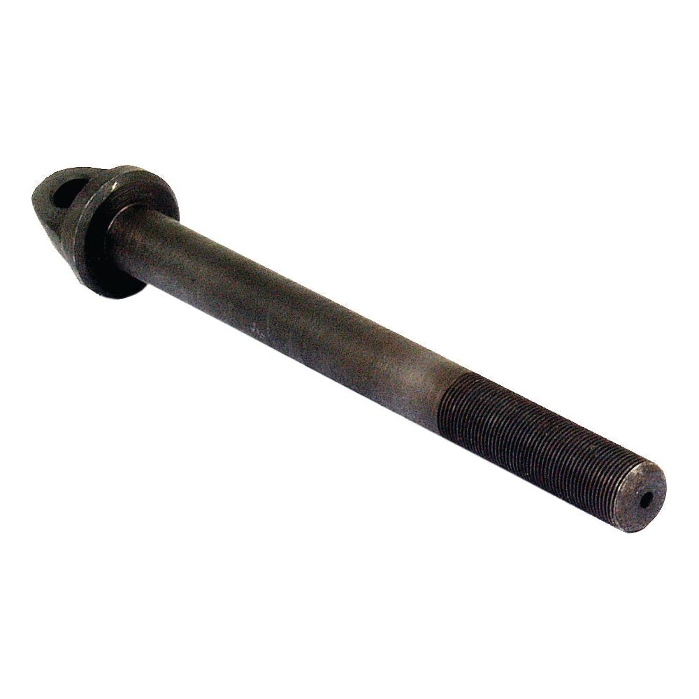 The Draft Control Plunger by Sparex (Part No. S.43759) is a long metal bolt with a threaded end and a round head featuring a hole for securing, ideal for Massey Ferguson draft control systems.