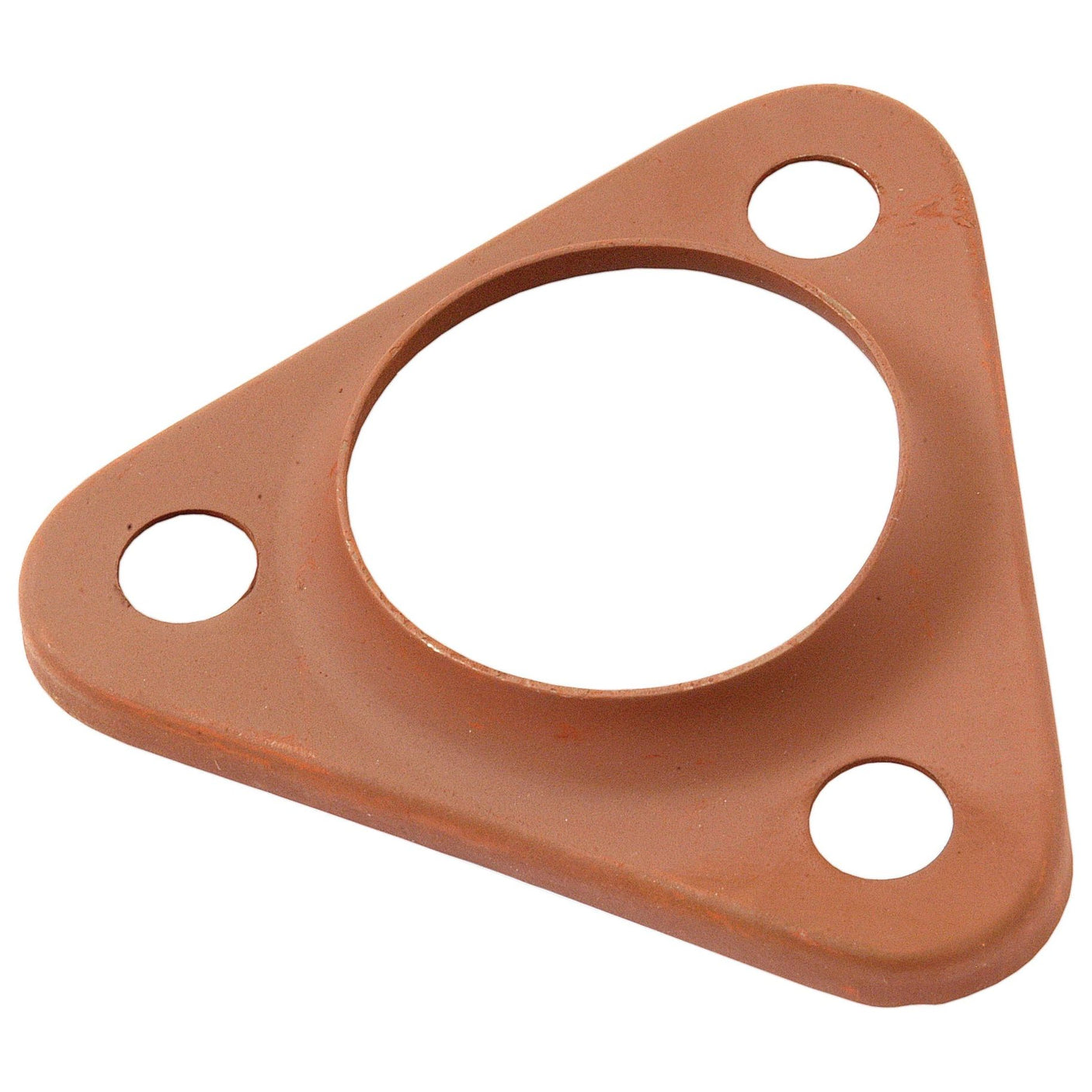 The Support | Sparex Part No.S.43760, manufactured by Sparex, is a triangular metal plate featuring a central circular hole and three smaller holes near each corner, specifically designed to fit machinery such as Massey Ferguson tractors perfectly.