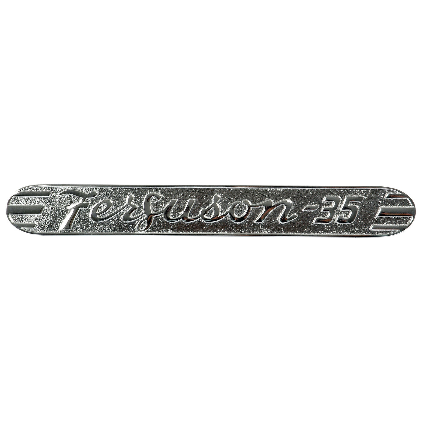 A Sparex chrome metal emblem, designed for the Ferguson 35 and inscribed with "Ferguson-35" in a script-style font, identified by part number S.43764.