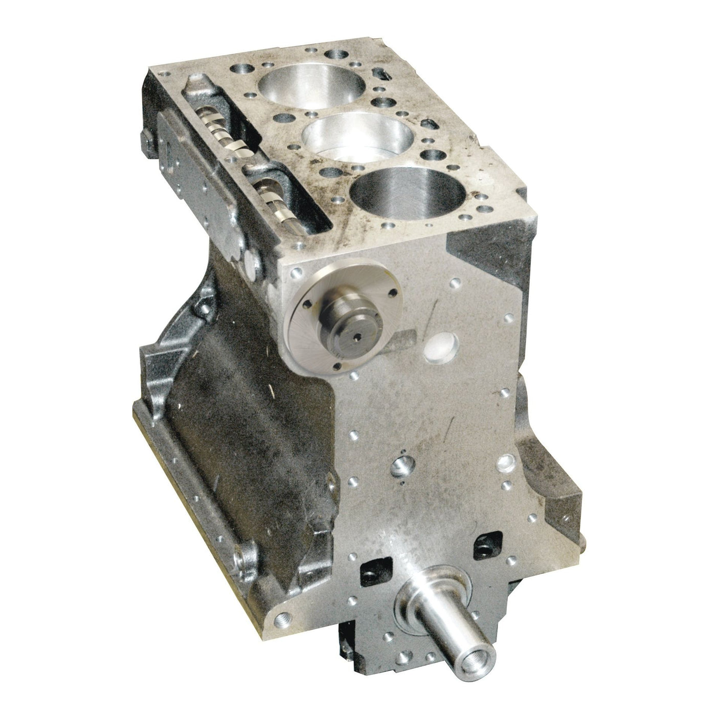 A metallic engine block, the Short Engine: AD3.152 - S.43766 by Sparex, featuring a 3-cylinder design with multiple cylindrical chambers and various mechanical components, standing against a plain white background.