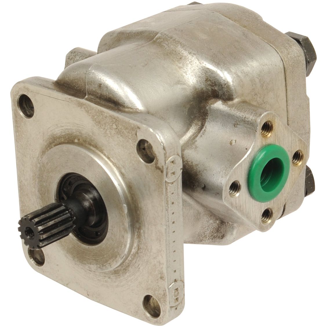 Close-up of the Sparex Single Hydraulic Pump - S.43780, featuring a green front inlet hole and a black splined shaft. The pump is equipped with a square mounting plate that has four bolt holes.