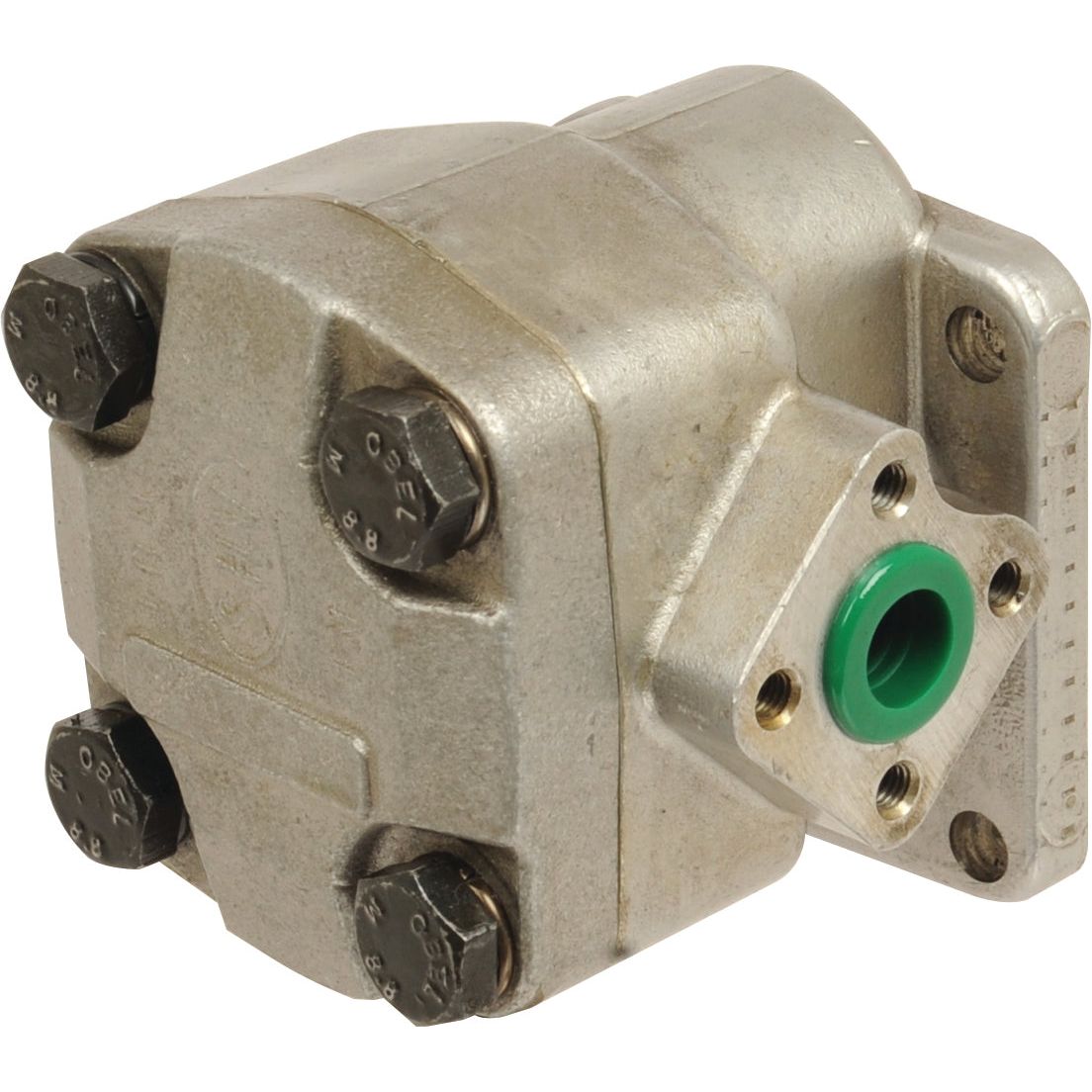 The Sparex Single Hydraulic Pump - S.43780 features a front inlet hole, a four-bolt mounting flange, and multiple bolts securing the components, with a green seal on the inlet port.