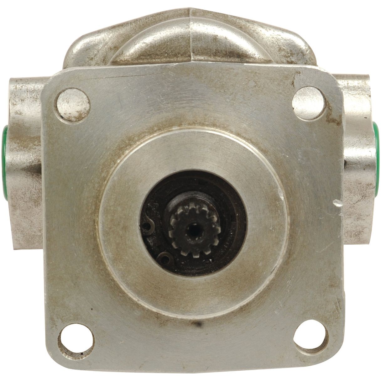 Close-up of the Single Hydraulic Pump - S.43780, a metal mechanical component with a central front inlet hole and four surrounding bolt holes at the corners, designed for use in Sparex applications.