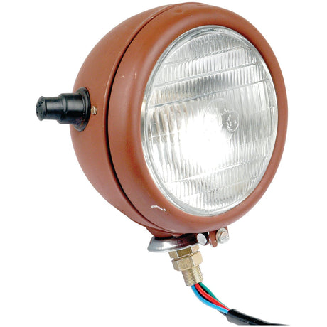 The Sparex Head Light, (Halogen), RH & LH, Straight, 12V - S.43796 features a round, vintage-style design with a brown metal housing and exposed wires extending from the bottom, making it perfect for achieving that classic look.