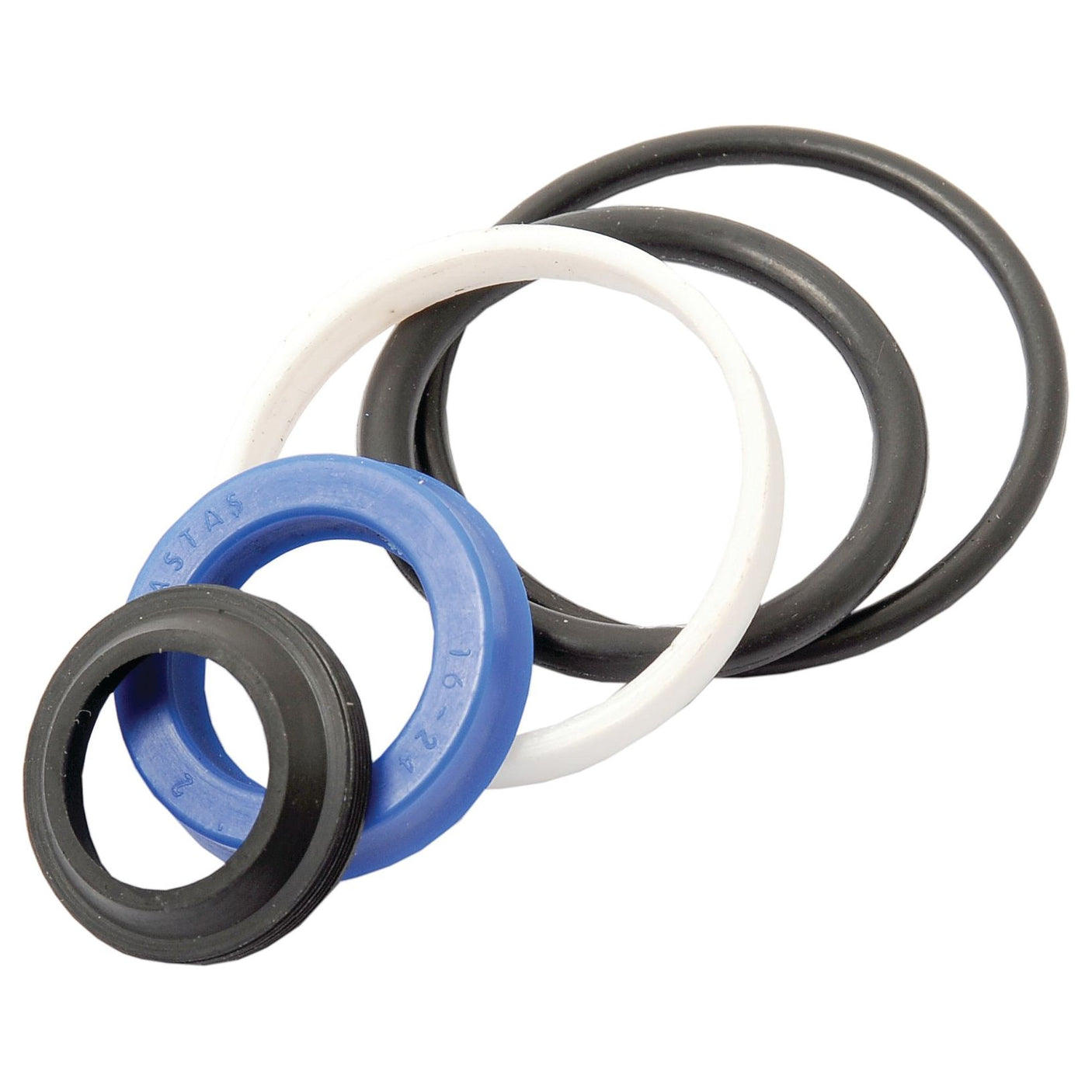 The Seal Kit (Steering Cylinder), Sparex Part No. S.43809, consists of a stack of five high-quality O-rings in various colors and sizes, including black, blue, and white. These O-rings are ideal for use in steering cylinders or other applications and are designed to be compatible with Massey Ferguson equipment. This essential seal kit is proudly brought to you by the trusted Sparex brand.