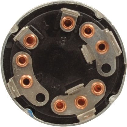 Close-up view of a Sparex Ignition Switch (Part No. S.43818), featuring a 7-pin circular electrical connector with seven copper pins arranged in a circular pattern and metal clips in between. This durable component is essential for Sparex and Merlo tractors.