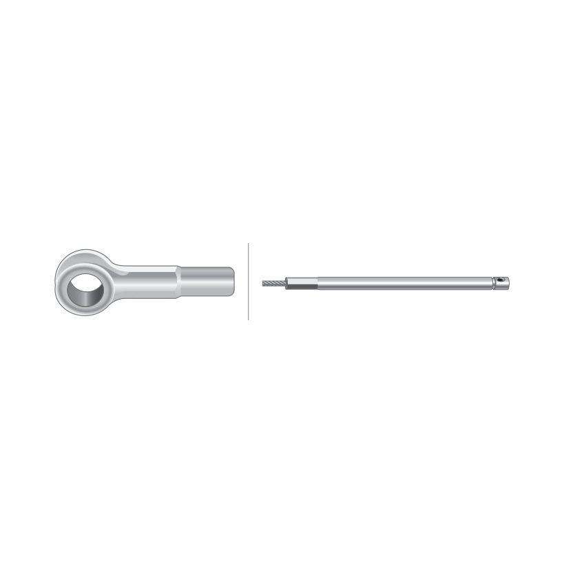 Illustration of a metal rod with a cylindrical handle and a circular hole on one end, displayed both from the side and from above. For reference, this resembles the construction seen in Sparex Hand Throttle Cable assemblies (Sparex Part No.S.43851), which are 1169mm long with an outer cable length of 942mm.