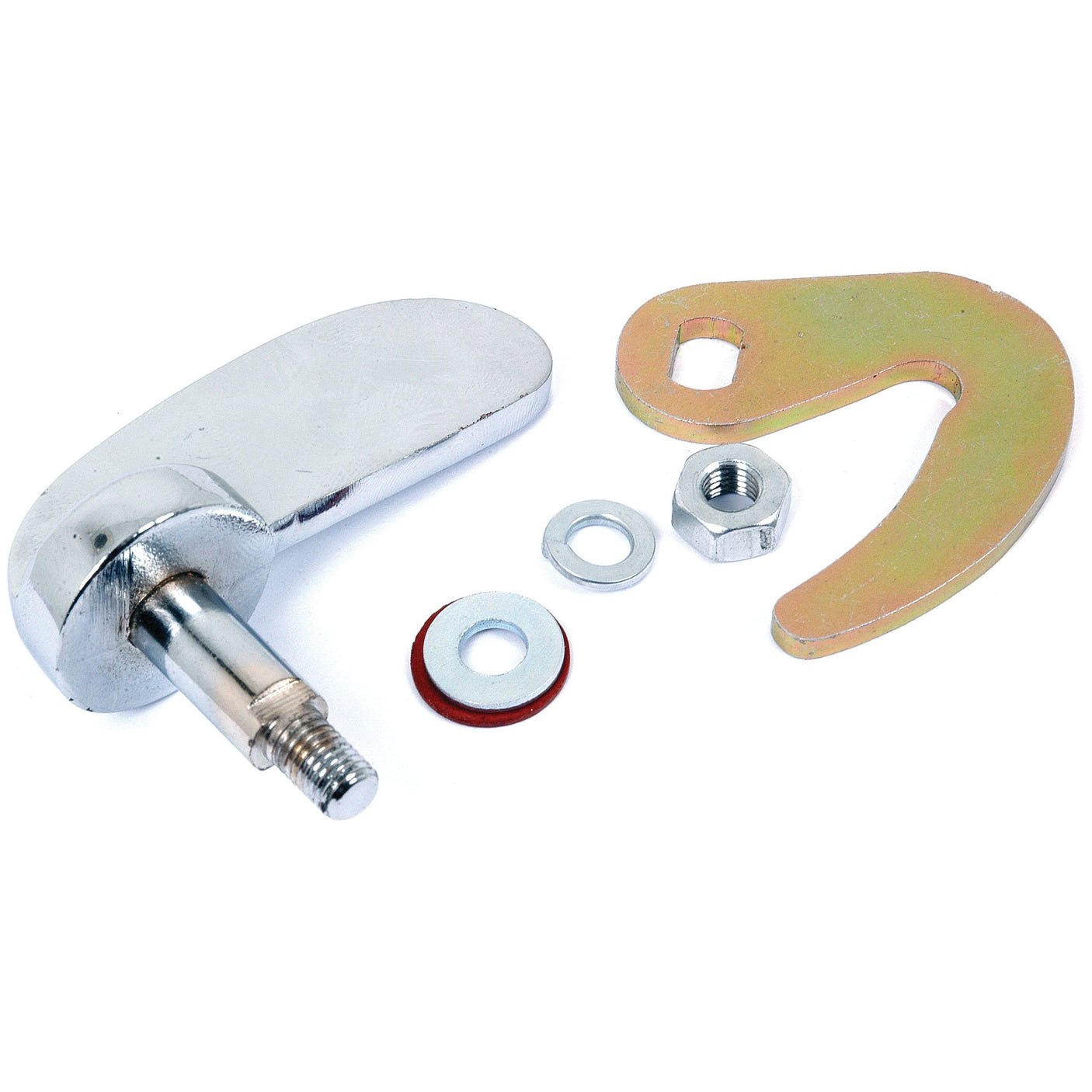 The Bonnet Catch Assembly (Sparex Part No. S.43868) by Sparex includes a Massey Ferguson metal latch handle with a threaded shaft, accompanied by a washer featuring a red ring, a metal nut, and a C-shaped metal bracket.