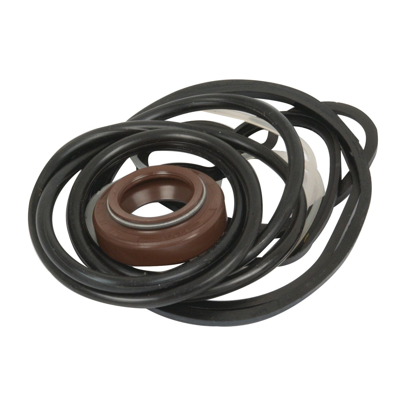 A collection of various black rubber O-rings and one brown rubber seal, loosely arranged in a pile—compatible with Sparex power steering pumps, specifically the Seal Kit (Power Steering Pump - Barnes), Sparex Part No. S.43869.