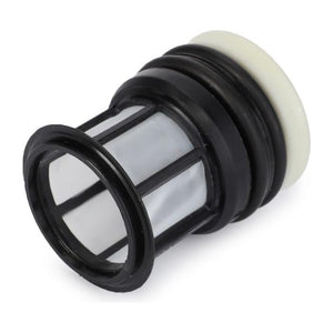 A cylindrical plastic filter screen with a black frame and a white end cap, suitable for Massey Ferguson models equipped with Dyna-4 or Dyna-6 transmissions, available as part of the AGCO Massey Ferguson Kit, check plug - 4387483M1.