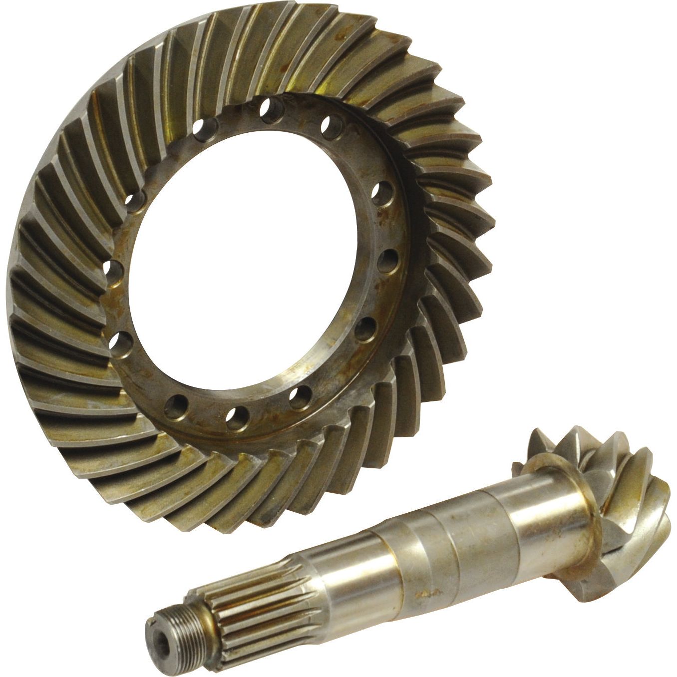 The Sparex Crown Wheel & Pinion (Part No. S.43876), designed for Massey Ferguson front axle applications, features a visible metallic finish and helical teeth, showcasing detailed machining and precise alignment.