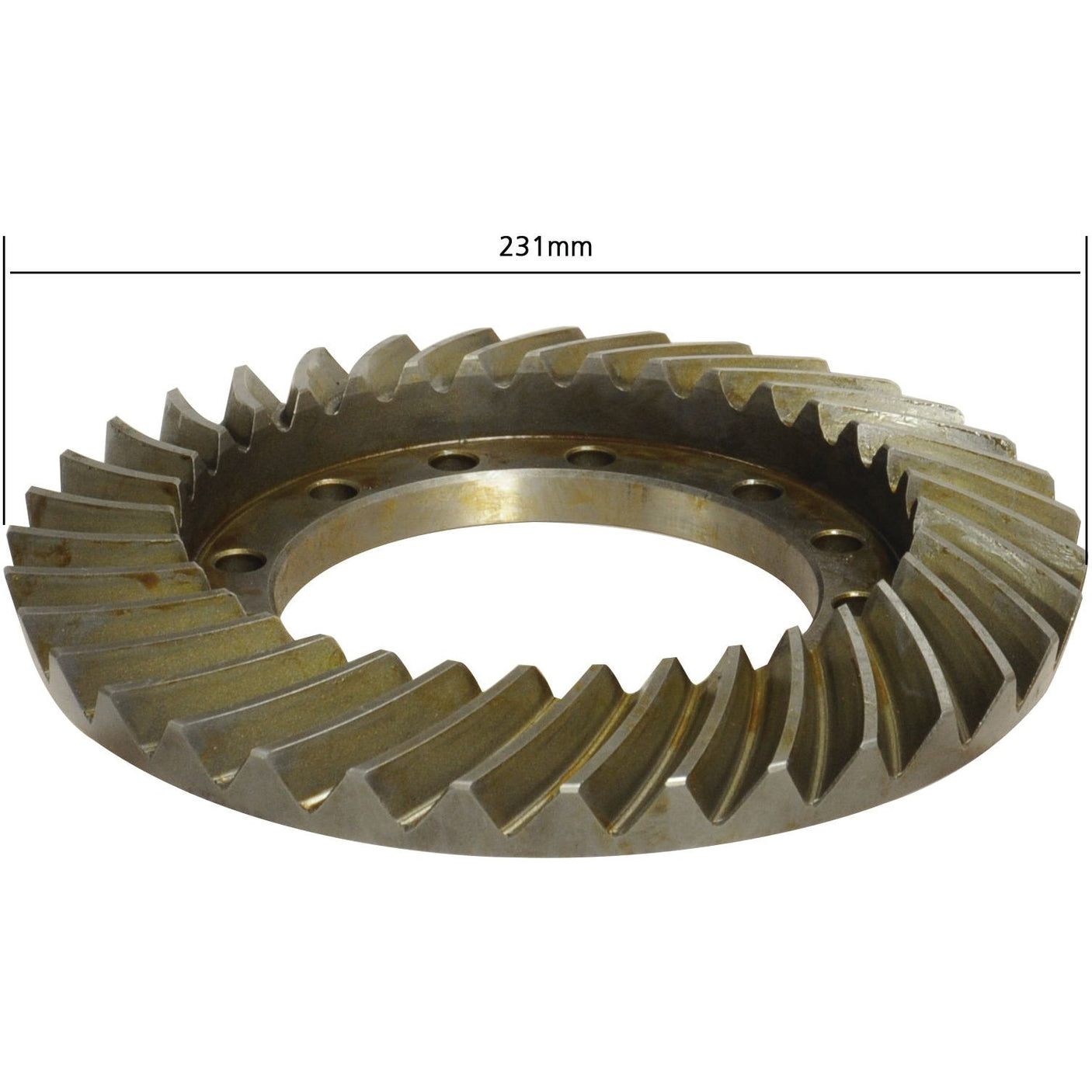 A metallic crown wheel and pinion gear with angled teeth, measuring 231 mm in diameter, perfectly suited for Massey Ferguson front axle assemblies, available as Sparex Part No. S.43876 by Sparex.