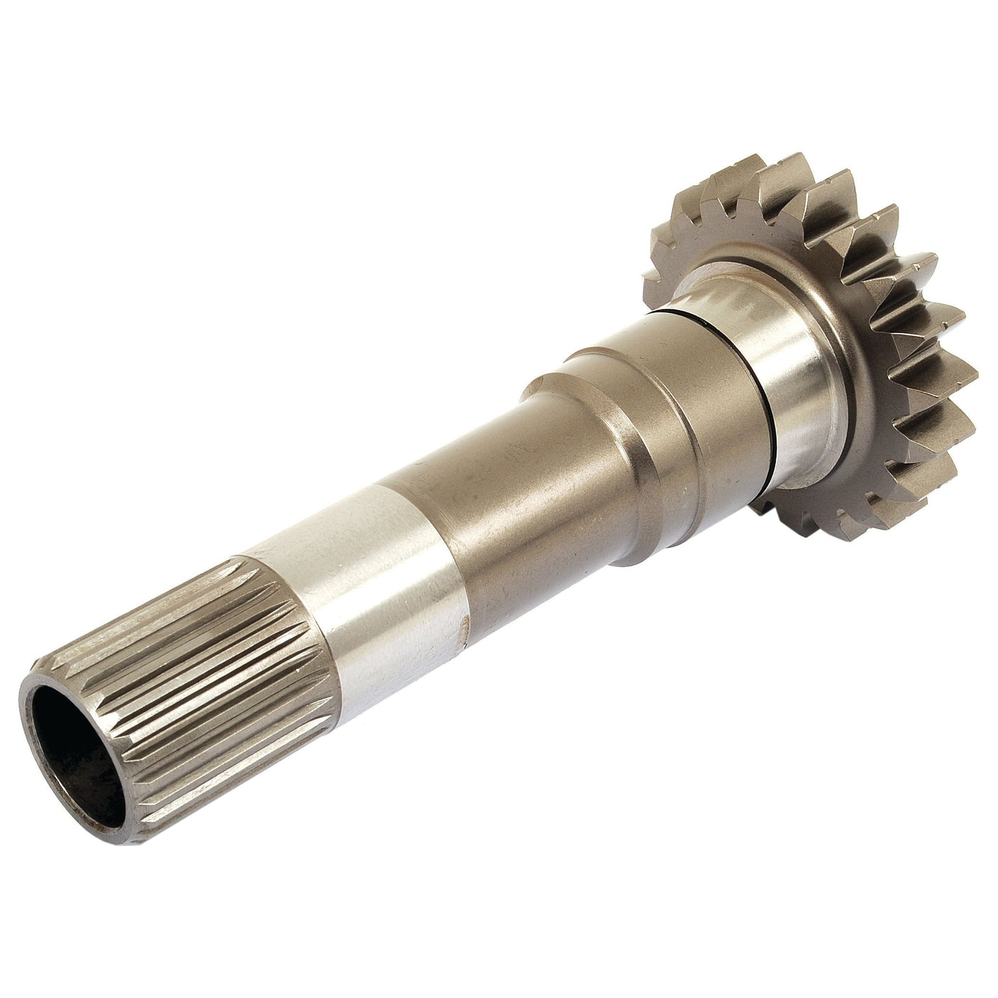 The Sparex PTO Shaft - S.43895 features a metallic build, incorporating multiple interlocking gears at one end and a cylindrical grooved shaft with splines at the other.