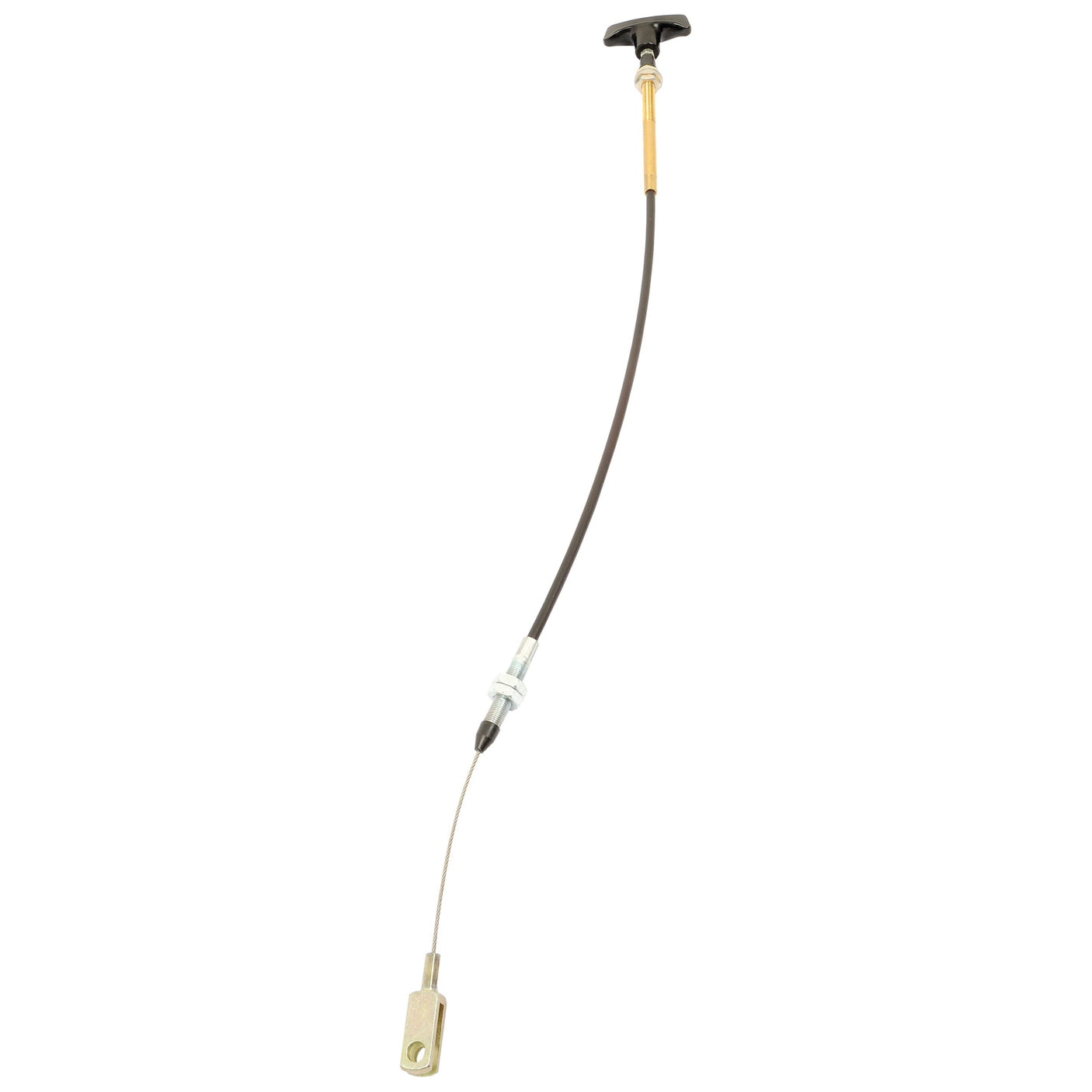 The Sparex Hitch Cable (Sparex Part No. S.43902) is a black push-pull control cable, measuring 758mm (29 27/32'') in length with a cable length of 550mm (21 21/32''), featuring a T-handle on one end and a clevis end fitting on the other, suitable for Massey Ferguson models.