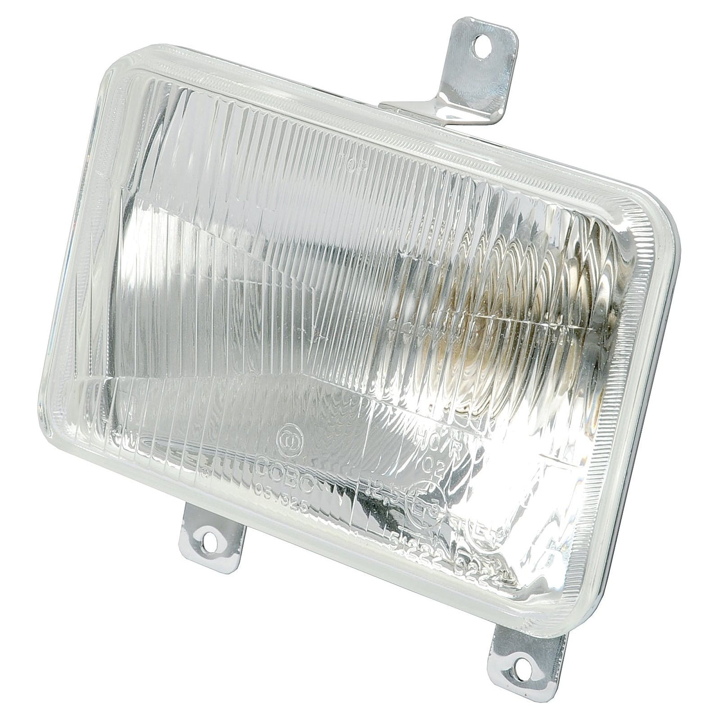 The Sparex Head Light (Halogen), RH & LH, LH Dip, 12V - S.43904 features a rectangular design with a clear, ribbed lens. It includes two mounting brackets on the top and one on the bottom. This headlight is IP65 rated for durability and performance in harsh conditions.
