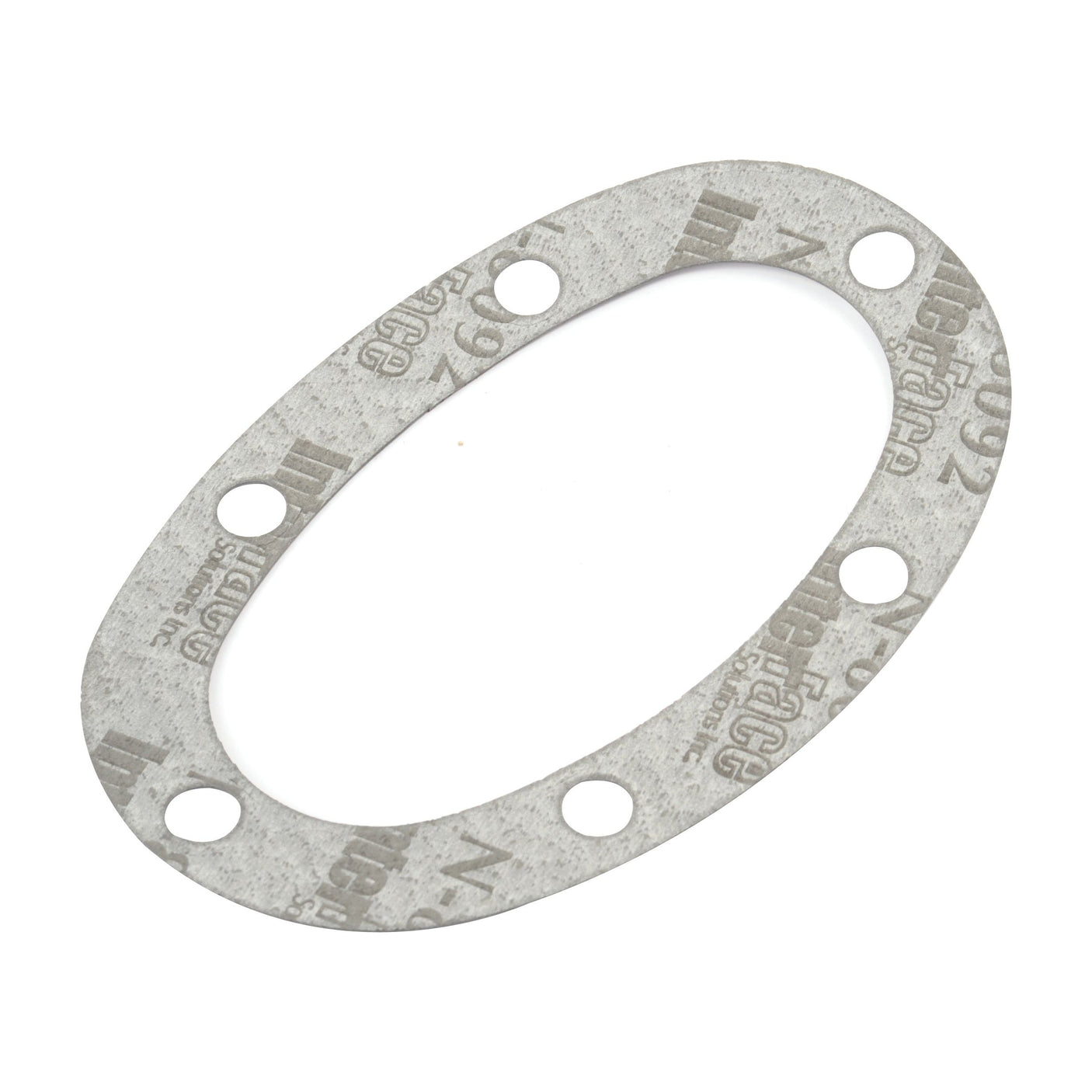 A gray, oval-shaped Sparex S.43910 sump gasket with six perimeter holes, specifically designed for Massey Ferguson A3.144 and A3.152 applications.