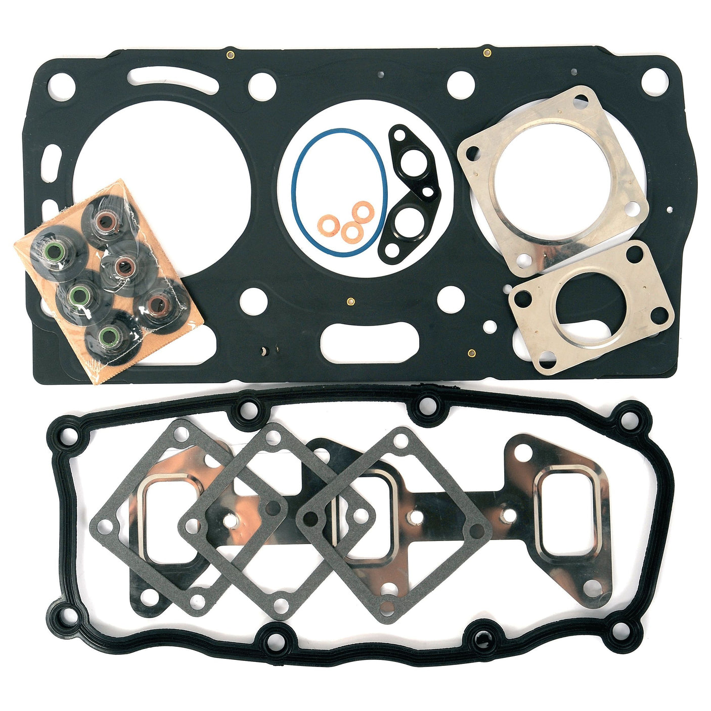 The Sparex Top Gasket Set - 3 Cyl. (1103, 1103C-33T, 1103 TD, 1103A-33G, 110) | Sparex Part No.S.43913 for the Perkins Engine 1103 Series includes an assortment of engine gaskets and seals meticulously organized in various shapes and sizes, including round, rectangular, and intricate geometries.