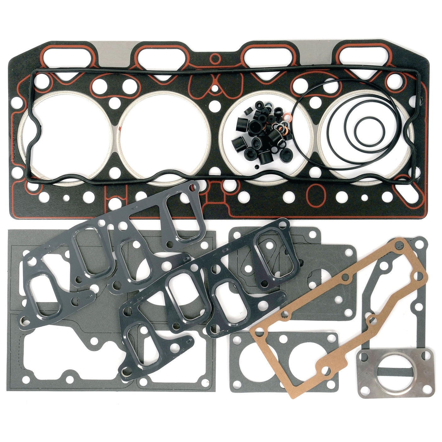 A neatly arranged collection of various automotive gaskets, featuring head gaskets, intake manifold gaskets, and O-rings from the Sparex Top Gasket Set - 4 Cyl. (1004.40, 1004.40T, 1004.40TW, Green Mo), suitable for Perkins Engine and Massey Ferguson models, displayed on a white surface.