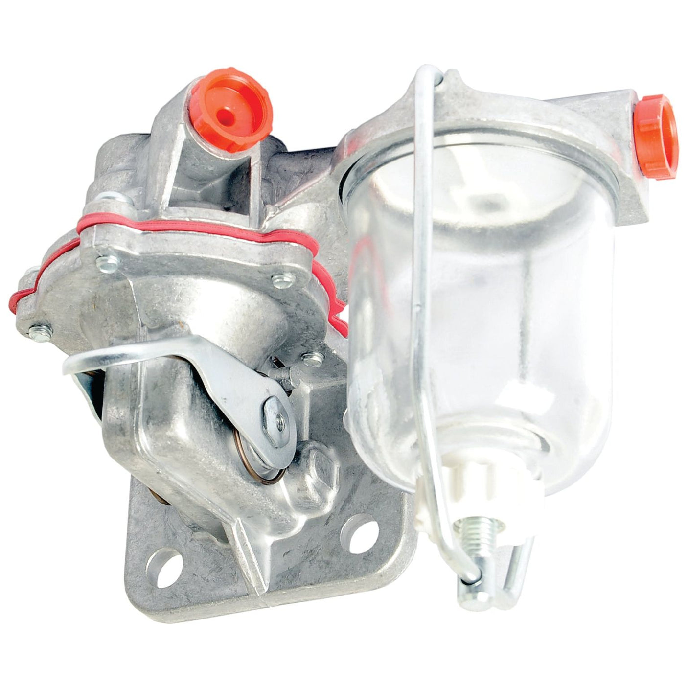 An image showcasing the Fuel Lift Pump, Sparex Part No. S.43929, commonly used in Massey Ferguson tractors, featuring a silver mechanical body with a transparent fuel filter attachment. The pump is highlighted by red seals and connectors, underscoring its robust design. The Sparex brand guarantees durability and reliability in challenging agricultural conditions.