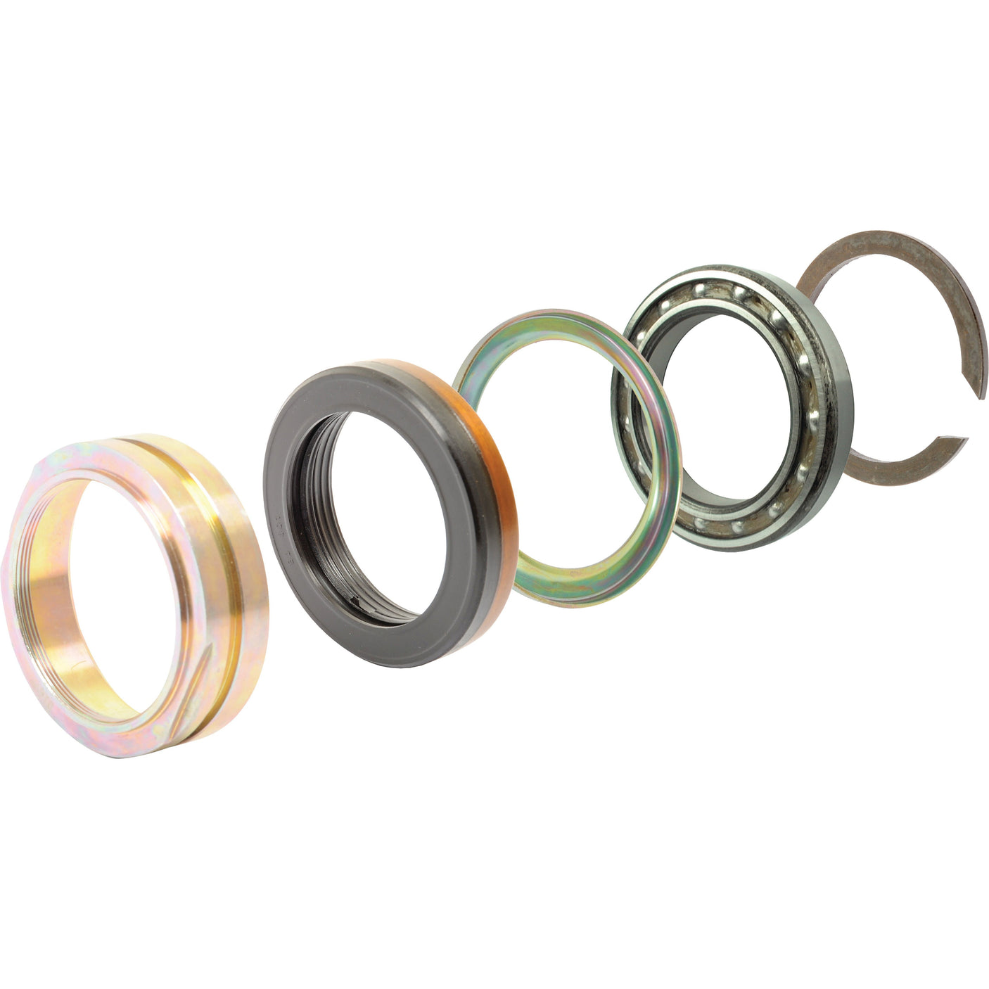 A mechanical assembly in the Seal Kit (PTO - Single Speed) | Sparex Part No. S.43931 from Sparex features five circular components arranged in sequence: a brass-colored ring, a black ring with inner threading, a greenish Sparex disc, a ball bearing, and a metal retainer clip.