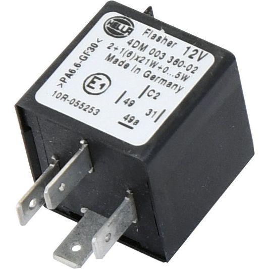 A black 12V flasher relay with three metal prongs, labeled '4DM 003 360-02', and indicating '12V' and 'Made in Germany'. This reliable component, ideal for Massey Ferguson machinery, is manufactured by Hella and sold under the Sparex brand as part number S.43933.