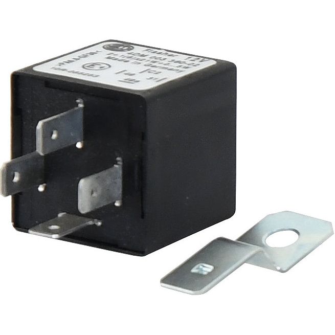 A compact, black, rectangular Relay by Sparex (Part No. S.43933), featuring four metal prongs and an attached metal mounting bracket beside it, ideal for Massey Ferguson applications.