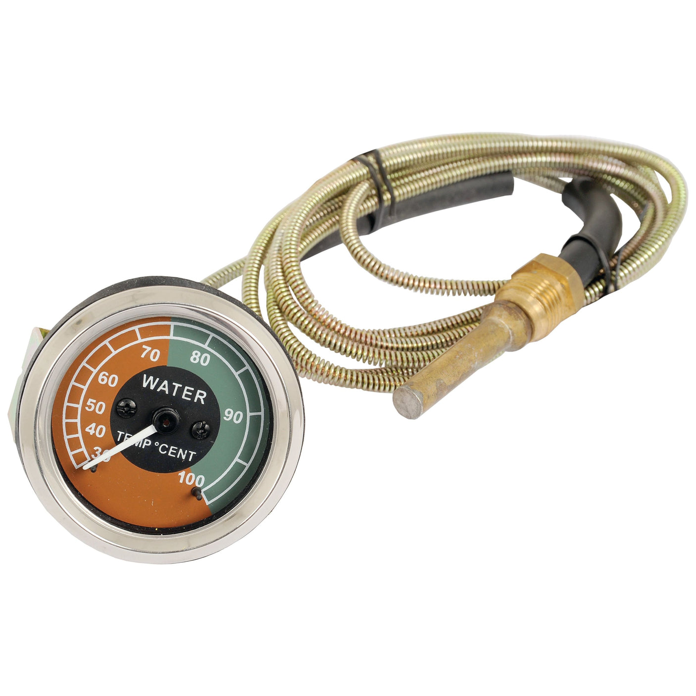 A Sparex Water Temperature Gauge (Sparex Part No. S.43937) featuring a coiled metal cable and sensor probe, which displays temperature readings from 40 to 100 degrees Celsius.