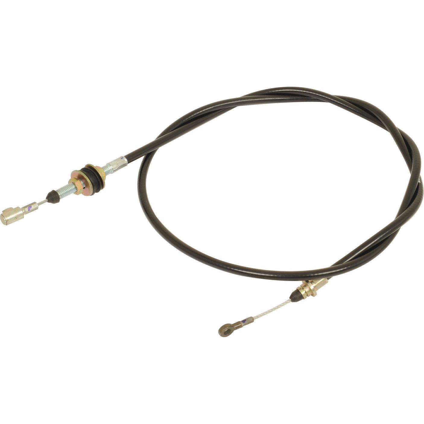 Image of a coiled Foot Throttle Cable by Sparex, featuring metal fittings on both ends, suitable for use in vehicles or machinery such as New Holland tractors. This product has a length of 1304mm and an outer cable length of 1189mm (Sparex Part No. S.43946).