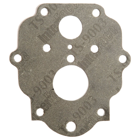 The Sparex Carburettor Gasket (Part No. S.43948) features multiple round and oval holes designed for sealing between mechanical components. Compatible with Landini and Massey Ferguson machinery, the material showcases visible text and markings.