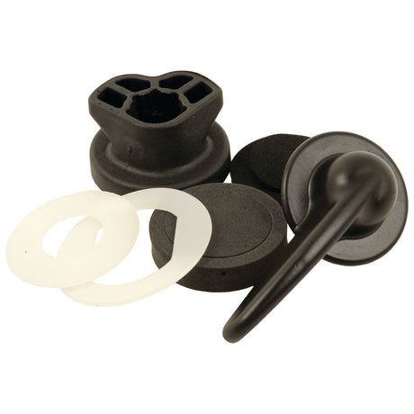 A black rubber sink stopper with a drain guard, two rubber gaskets, and two white plastic rings placed on a white background, reminiscent of the precision you might find in the Sparex Bonnet Fastener Kit (Sparex Part No. S.43950).