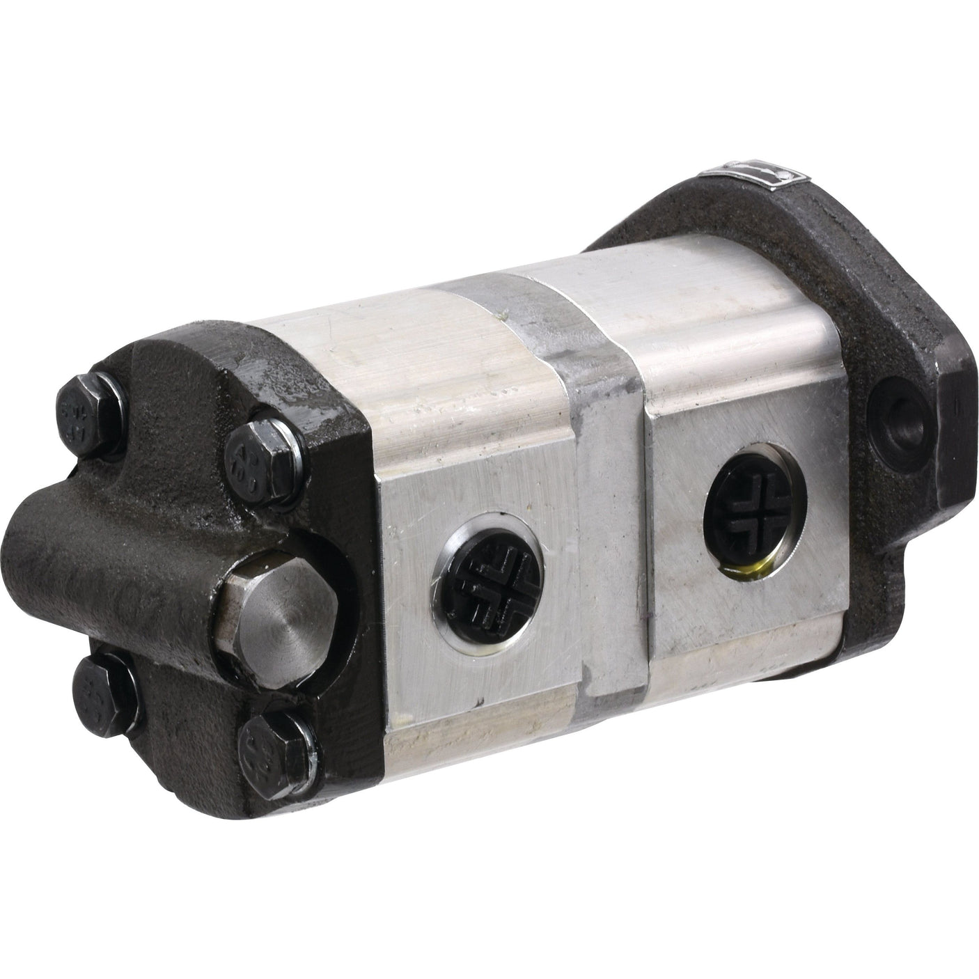 The Tandem Hydraulic Pump - S.43958 by Sparex is a silver hydraulic gear pump with black fittings and screws on both ends, featuring two circular ports on one side, ideal for Sparex applications.