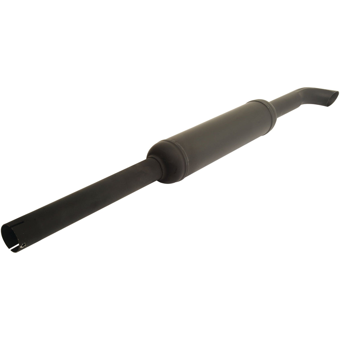 A vertical black Sparex Silencer (S.43963) with a slight curve at one end, coated in heat-resistant paint.