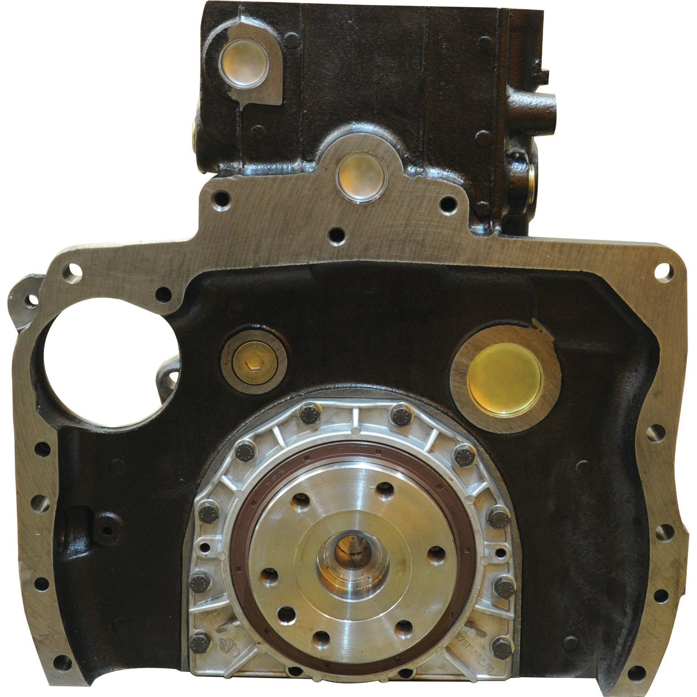 Close-up of a Sparex Short Engine: A4.248 - S.43967 block with internal components exposed, featuring a lip seal, showcasing various bolt holes, circular seals, and a central rotating mechanism on the 4 cylinder unit.