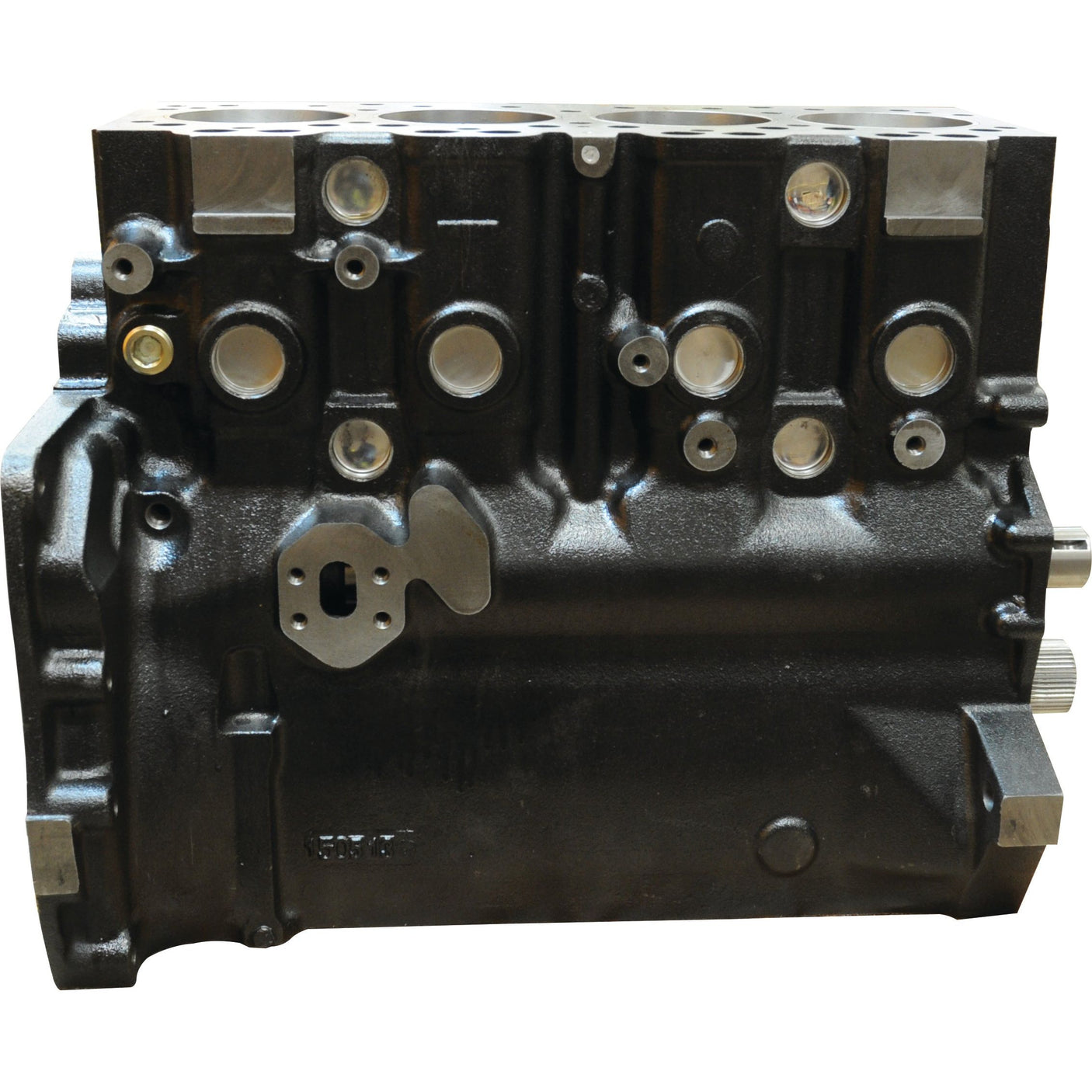 An image of the Sparex Short Engine: A4.248 - S.43967, a metal engine block featuring multiple circular openings and mounting points, including a 6 Bolt Balancer Unit, viewed from the side.