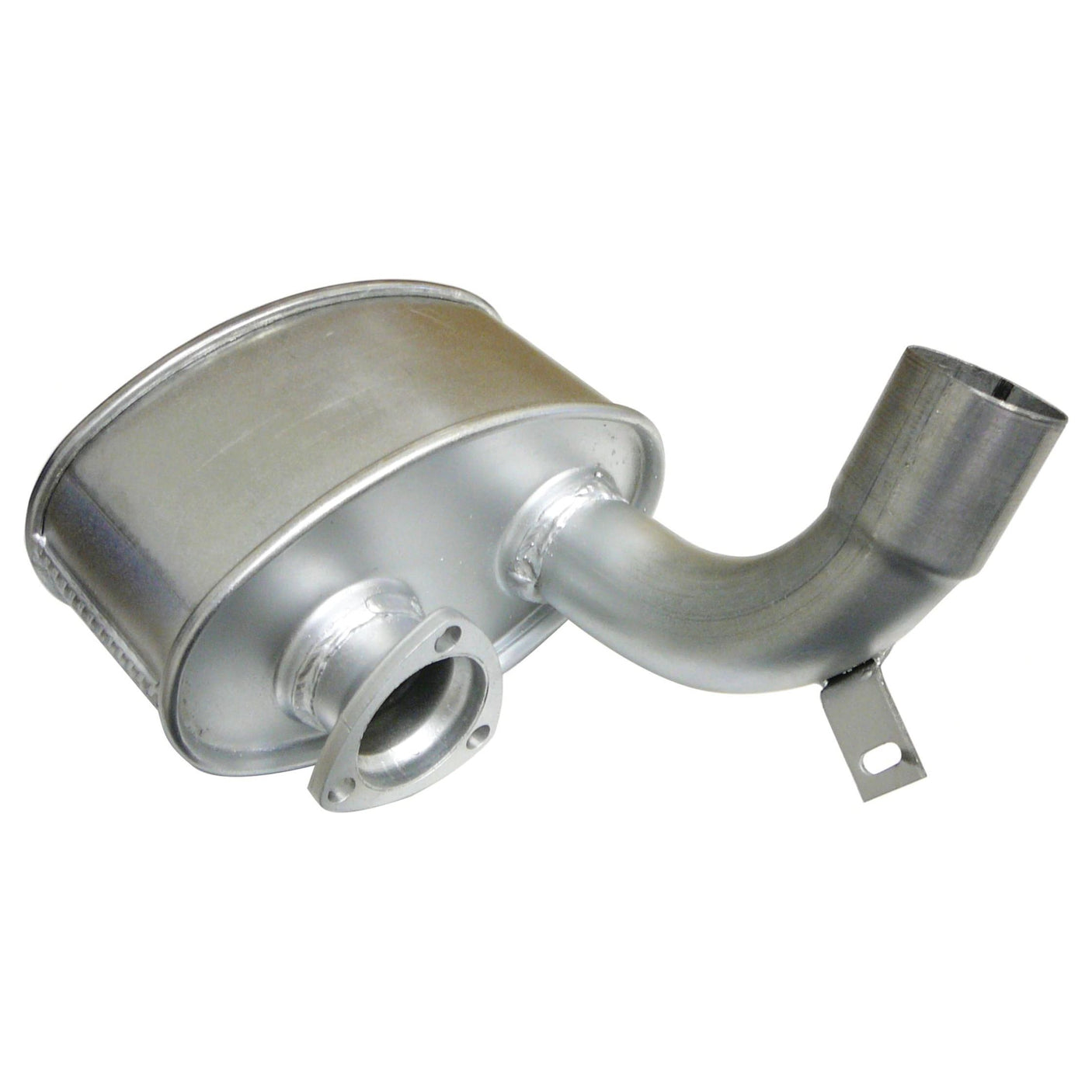 The Sparex Silencer - Underhood - S.43988 is a metallic automotive muffler with a cylindrical body, grey matt finish, and a curved exhaust pipe featuring a 3-hole flange fitting with mounting bracket.