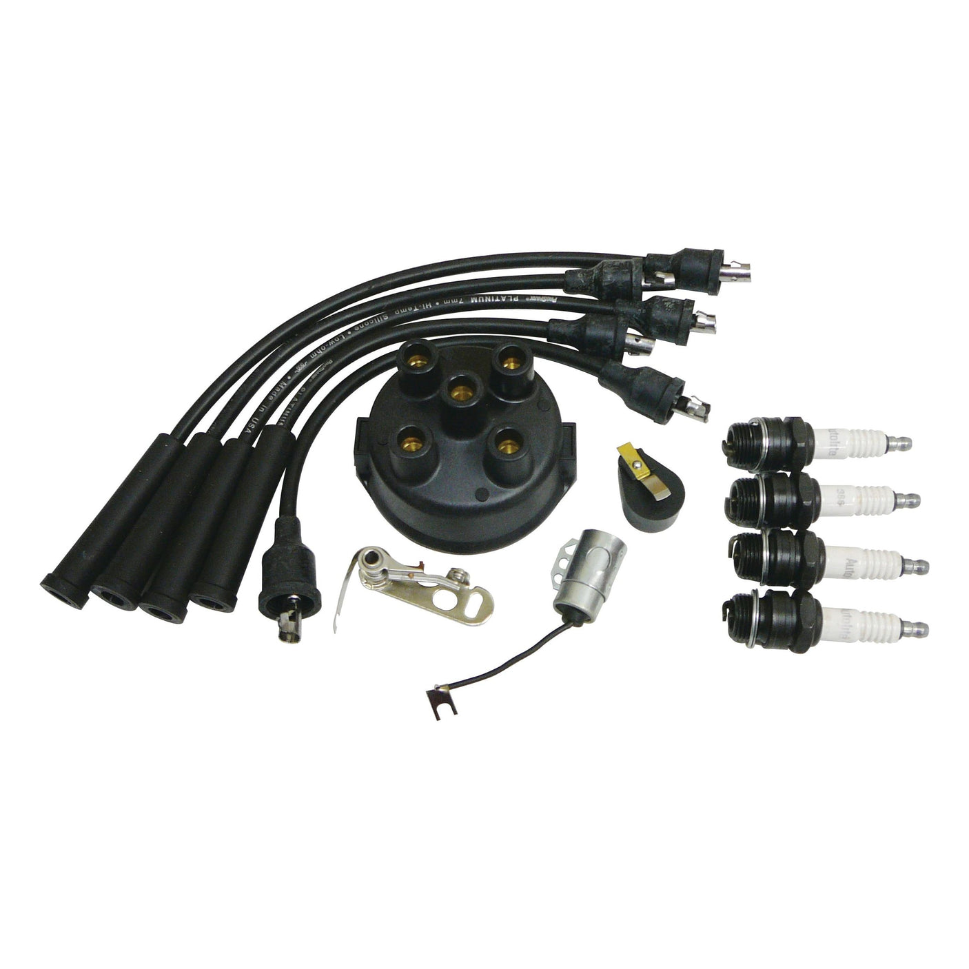 A car tune-up kit with various components, including spark plugs, spark plug wires, ignition wires, distributor cap, rotor, and other ignition system parts: the Ignition Kit | Sparex Part No.S.44009 by Sparex.