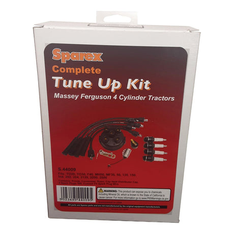 Image of a boxed "Ignition Kit | Sparex Part No. S.44009" for Massey Ferguson 4-cylinder tractors by Sparex. The box displays components included, such as spark plug wires and a condenser, and lists compatible tractor models.