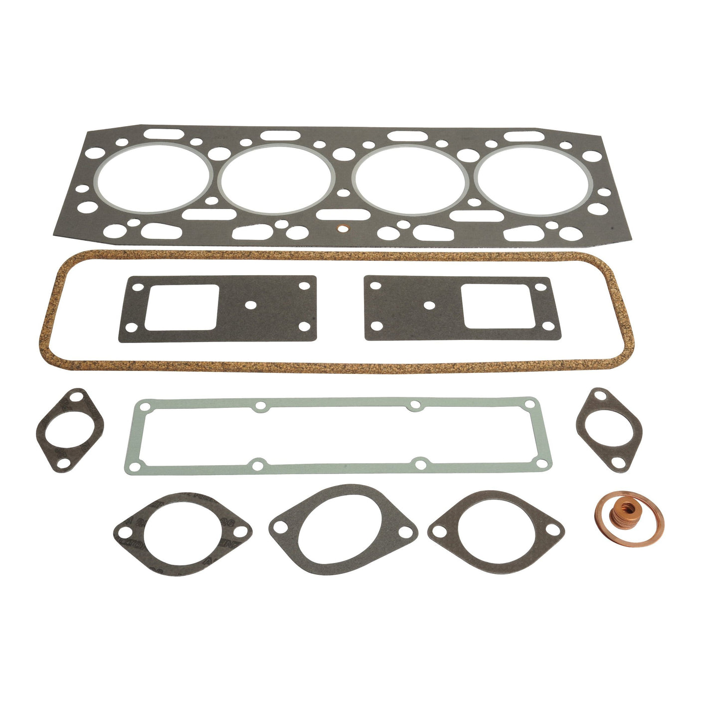 A variety of engine gaskets, including head gasket, exhaust gaskets, intake gaskets, and other small gasket components from the Sparex Top Gasket Set - 4 Cyl. (A4.270) | Sparex Part No.S.44012 for Massey Ferguson Perkins A4.270 engines, arranged on a white background.