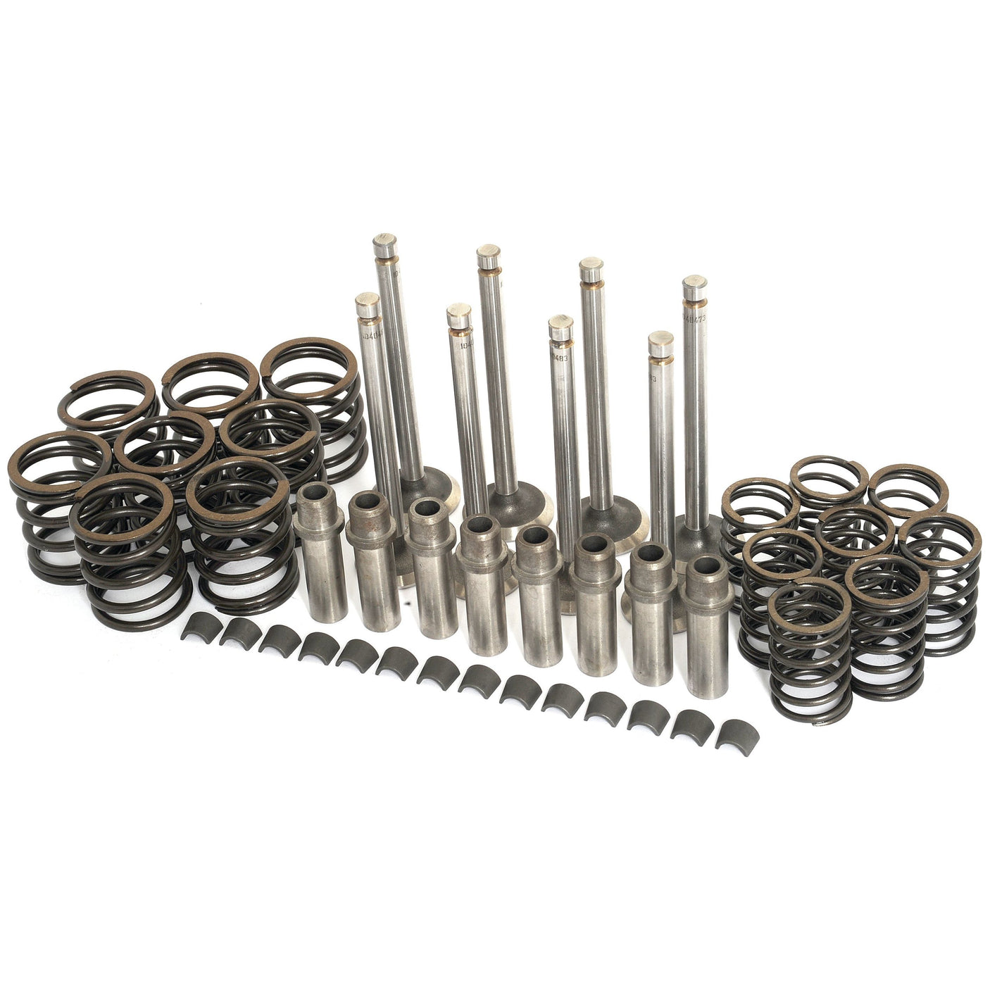 The Sparex Valve Train Kit - S.44015, featuring a comprehensive set of automotive engine valve components such as springs, intake valves, exhaust valves, guides, and retainers, is displayed in an organized manner.