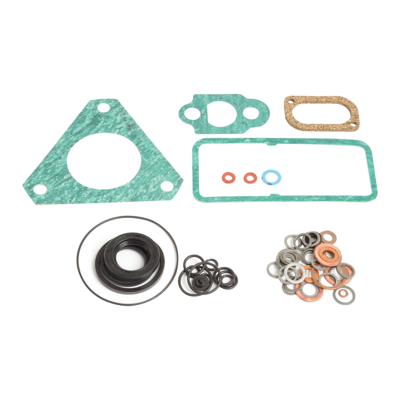 A collection of various gaskets and washers, featuring the Sparex Fuel Injection Pump Gasket (Part No. S.44021) along with rubber and metal rings, displayed on a white surface. Multiple shapes of gaskets from Sparex suitable for different Case IH engine models are also showcased.