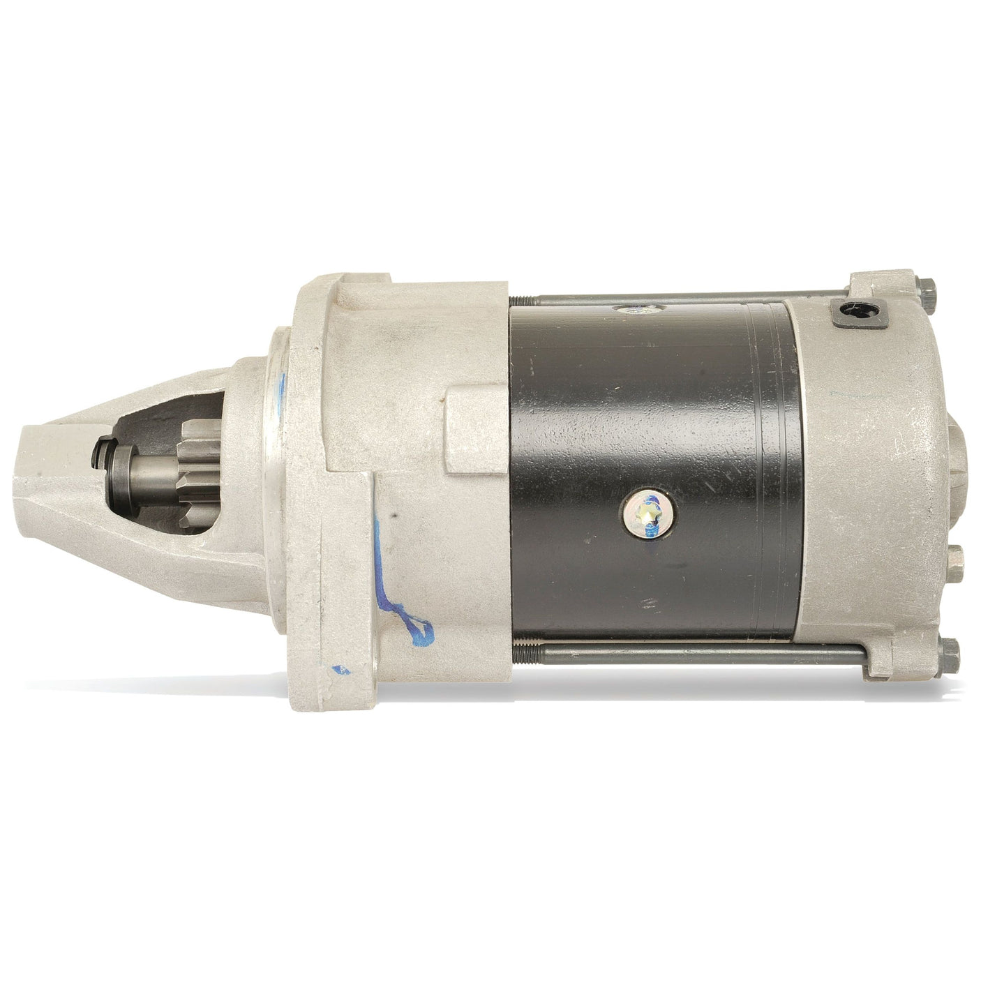 A cylindrical Sparex Starter Motor - 12V, 0.8Kw (Lucas TVS) with a black body and silver metallic ends is positioned horizontally against a plain white background.