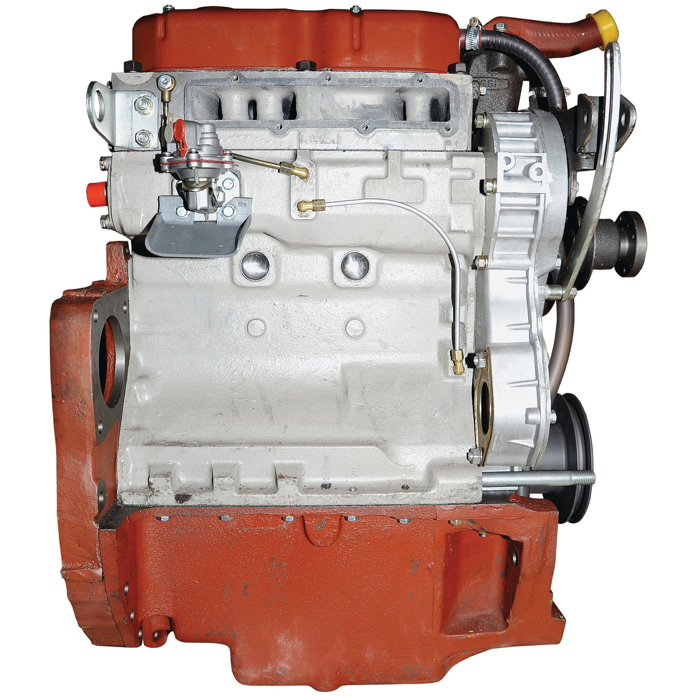 Introducing the Complete Engine: AD3.152 (Lip Seal) - S.44103 from Sparex, featuring a diesel engine block equipped with various components such as a fuel injection pump, hose connections, and a pulley system. The meticulously maintained block is painted in red and gray for a polished appearance, accompanied by an adjacent water pump that enhances its efficient cooling mechanism.