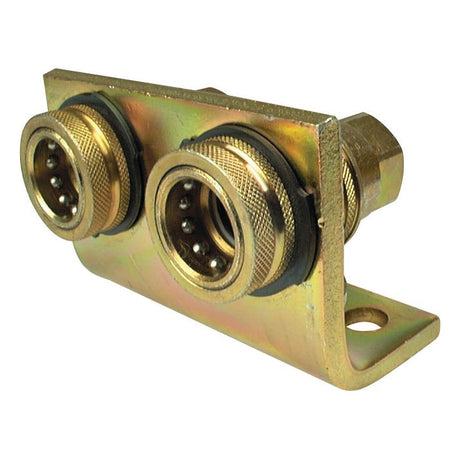 The Sparex Hydraulic Quick Release Coupling Set (Double Bracket) Female 1/2'' Body x 1/2'' BSP Female Thread (Sparex Part No. S.4411) is a carbon steel connector piece with two round, threaded ports, mounted on a right-angled bracket featuring a hole for attachment.